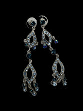 Load image into Gallery viewer, Silver-like, light blue, &amp; dark blue cut gem teardrop dangle earrings w/ secure lock backs
