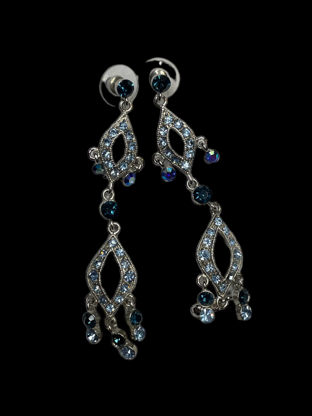 Silver-like, light blue, & dark blue cut gem teardrop dangle earrings w/ secure lock backs