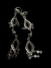 Load image into Gallery viewer, Silver-like, light blue, &amp; dark blue cut gem teardrop dangle earrings w/ secure lock backs
