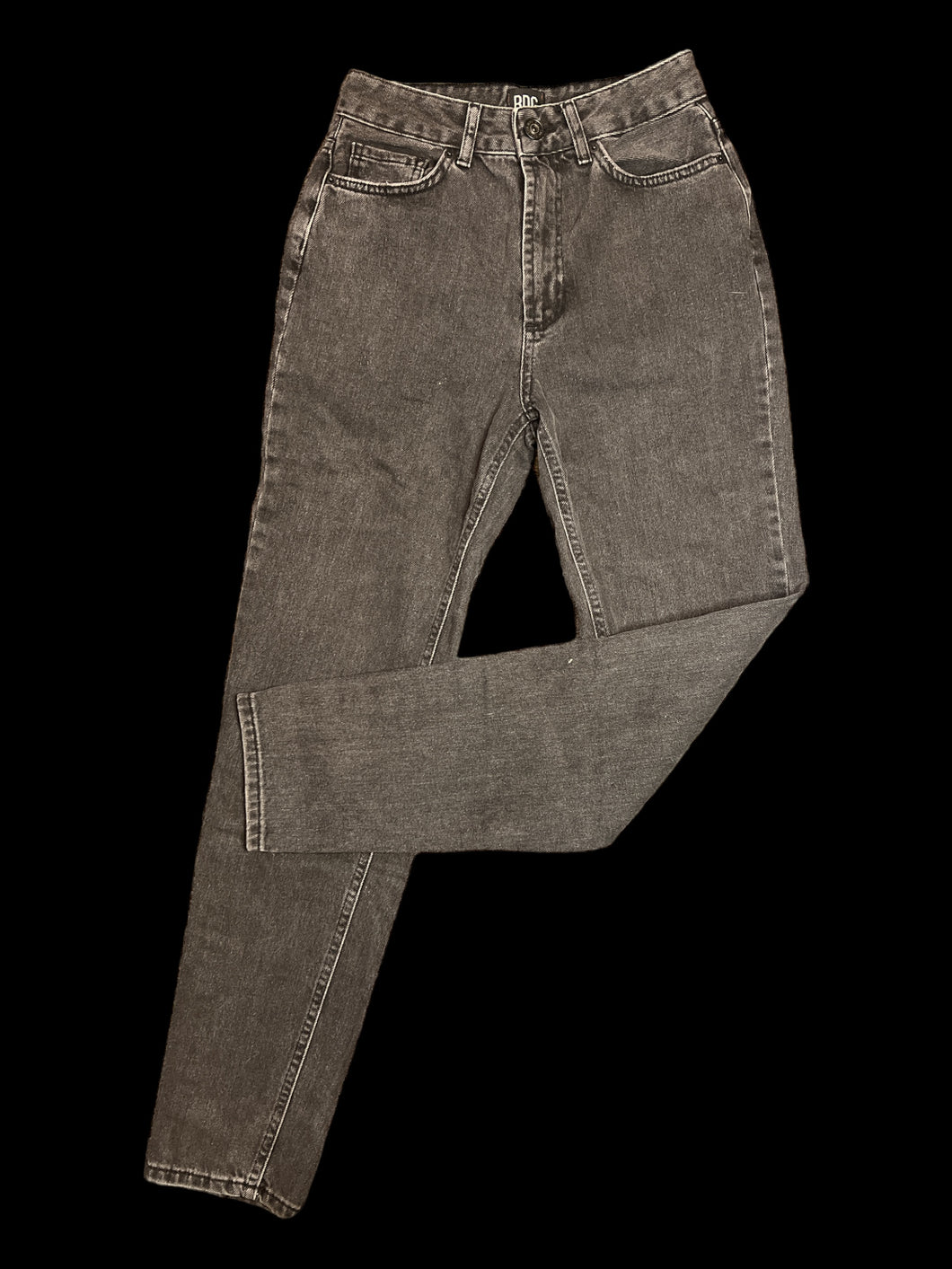 S Black denim high waist taper leg pants w/ pockets, belt loops, & button/zipper closure