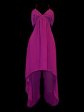 Load image into Gallery viewer, M Fuchsia sleeveless v-neckline hi-lo dress w/ adjustable crossing straps, cutout details, elastic back, &amp; clasp/zipper closure
