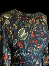 Load image into Gallery viewer, 1X Black half sleeve maxi dress w/ botanical pattern, tie cuffs, waist band, &amp; zipper/keyhole/button back closure
