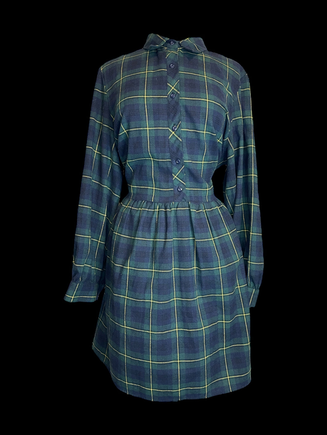 2X Green, blue, & yellow long sleeve plaid dress w/ button-up bust, & button cuffs