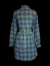 Load image into Gallery viewer, 2X Green, blue, &amp; yellow long sleeve plaid dress w/ button-up bust, &amp; button cuffs
