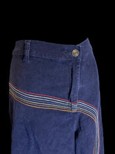 Load image into Gallery viewer, 0X Navy blue micro corduroy pants w/ rainbow embroidery pattern, belt loops, &amp; zipper/button closure
