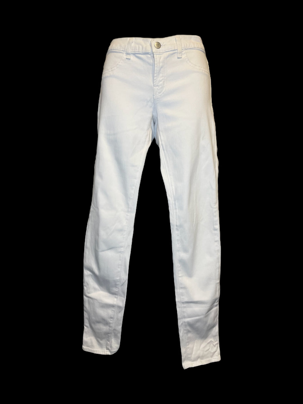 S White denim taper leg pants w/ pockets, belt loops, & button/zipper closure