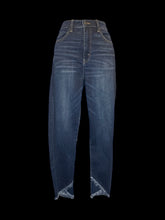 Load image into Gallery viewer, M Dark blue denim high waist taper leg pants w/ raw wrap hem, pockets, belt loops, &amp; button/zipper closure
