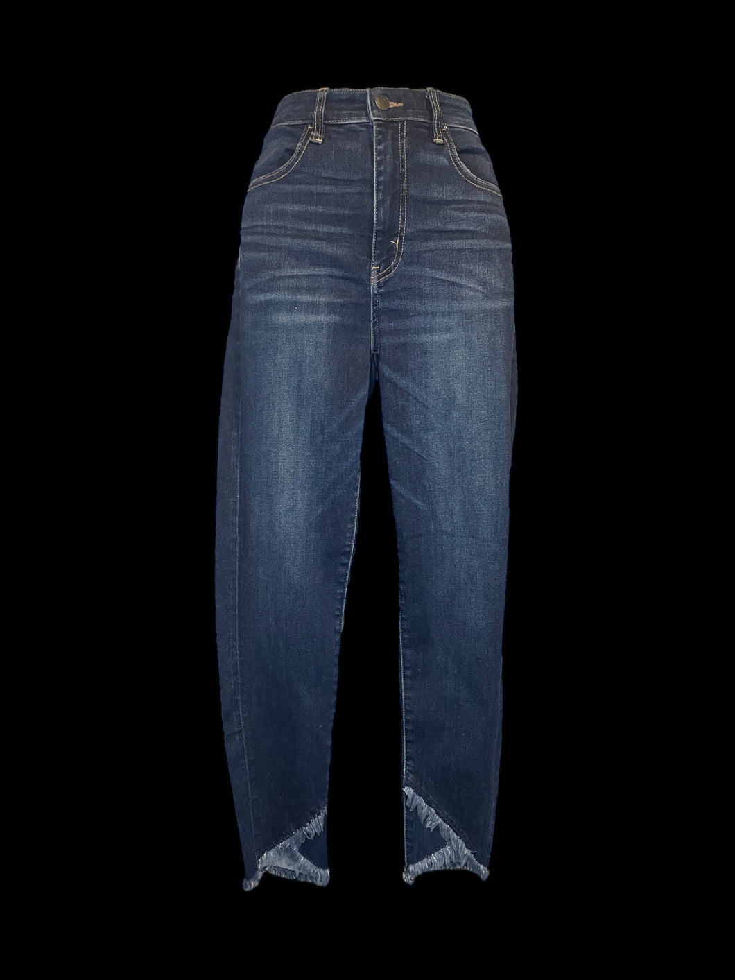 M Dark blue denim high waist taper leg pants w/ raw wrap hem, pockets, belt loops, & button/zipper closure
