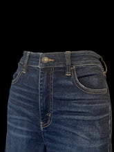 Load image into Gallery viewer, M Dark blue denim high waist taper leg pants w/ raw wrap hem, pockets, belt loops, &amp; button/zipper closure
