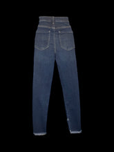 Load image into Gallery viewer, M Dark blue denim high waist taper leg pants w/ raw wrap hem, pockets, belt loops, &amp; button/zipper closure
