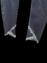 Load image into Gallery viewer, M Dark blue denim high waist taper leg pants w/ raw wrap hem, pockets, belt loops, &amp; button/zipper closure
