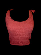 Load image into Gallery viewer, M Burnt orange shirred sleeveless round neckline crop top w/ faux tie straps
