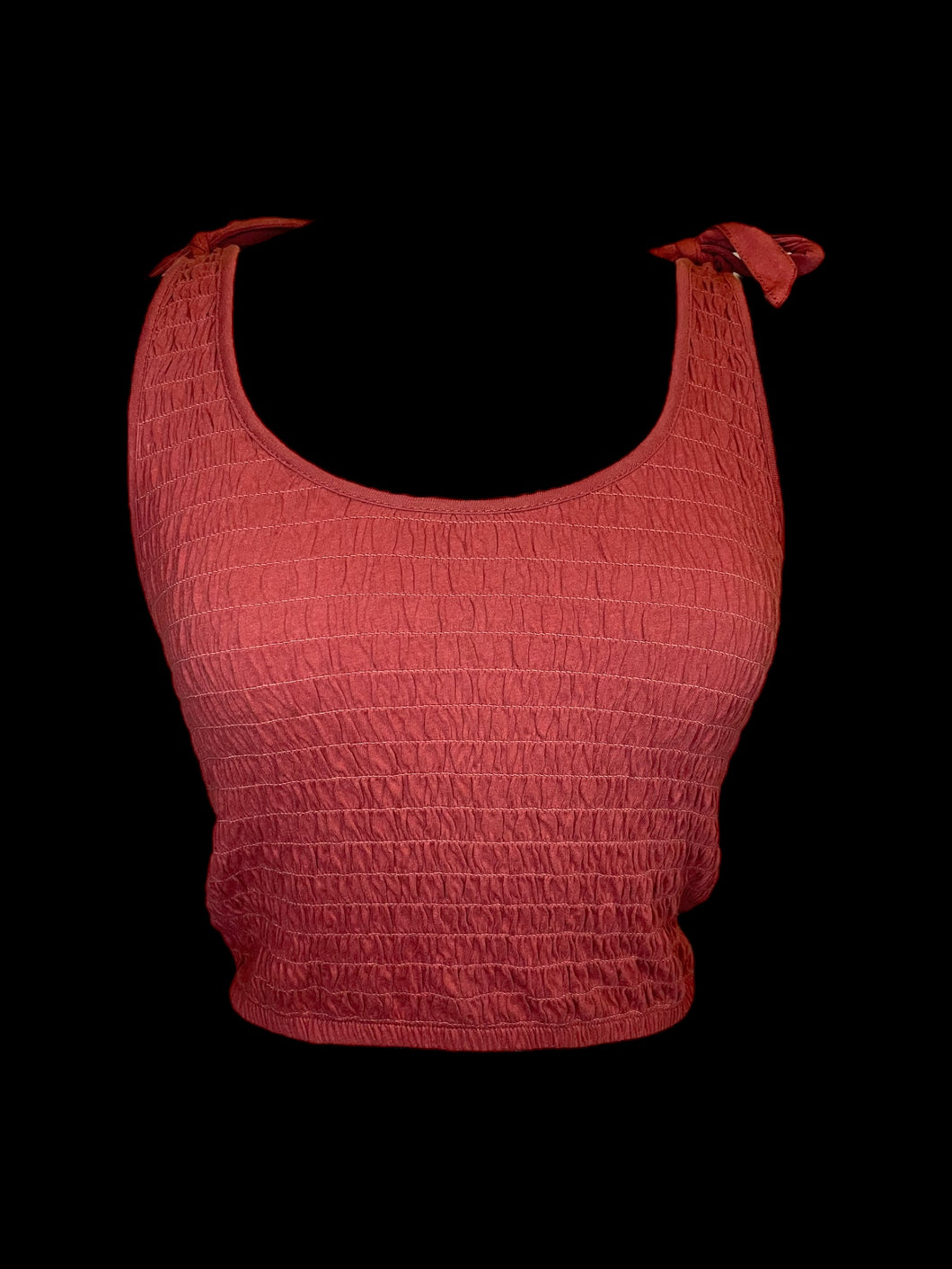 M Burnt orange shirred sleeveless round neckline crop top w/ faux tie straps