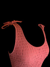 Load image into Gallery viewer, M Burnt orange shirred sleeveless round neckline crop top w/ faux tie straps
