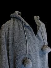 Load image into Gallery viewer, Dark grey notch neckline fuzzy cape w/ pompom drawstring hood, &amp; pockets

