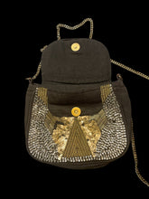 Load image into Gallery viewer, Black &amp; metallic beading crossbody back w/ chain strap, magnetic clasp, &amp; zipper closure
