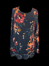 Load image into Gallery viewer, 1X Black &amp; multicolor floral long sleeve scoop neck hi-lo top w/ lace hem
