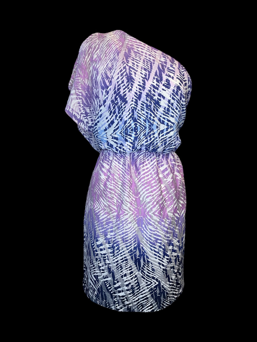 1X White, purple, & pink abstract pattern flutter sleeve one shoulder dress w/ elastic waist