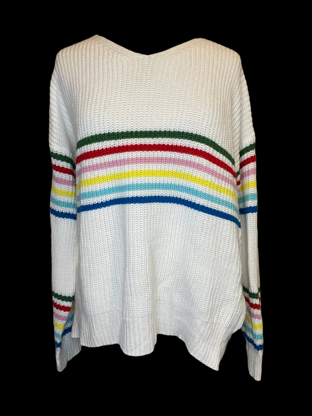 0X White & multicolor stripe long sleeve v-neckline hi-lo sweater