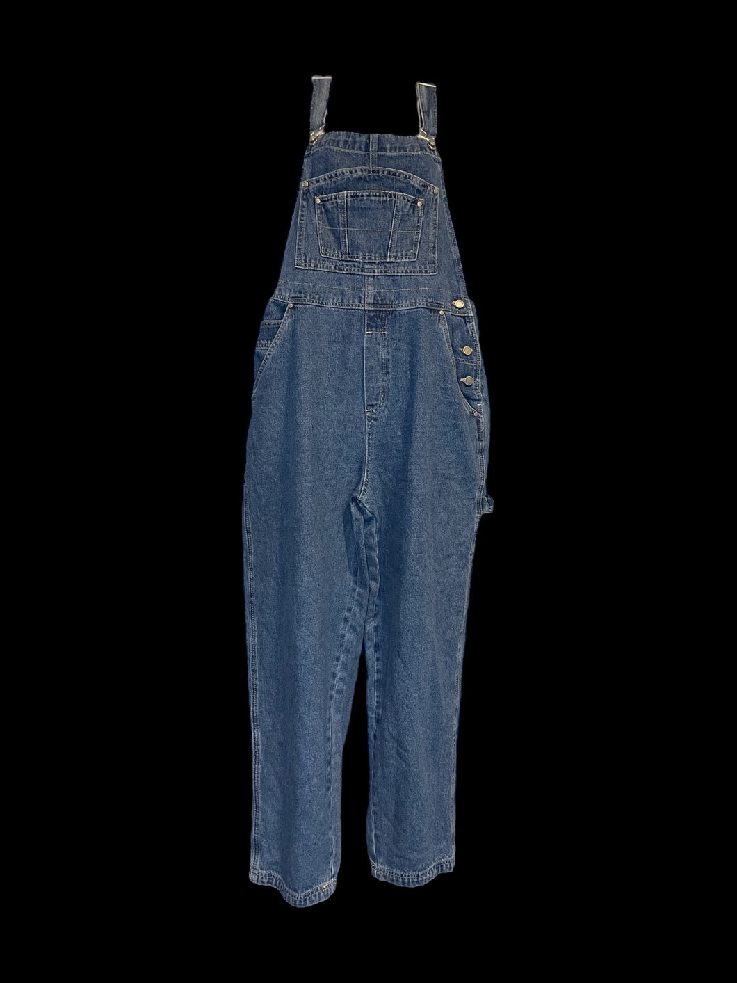 1X Blue denim straight leg overalls w/ pockets, side button closure, & adjustable straps