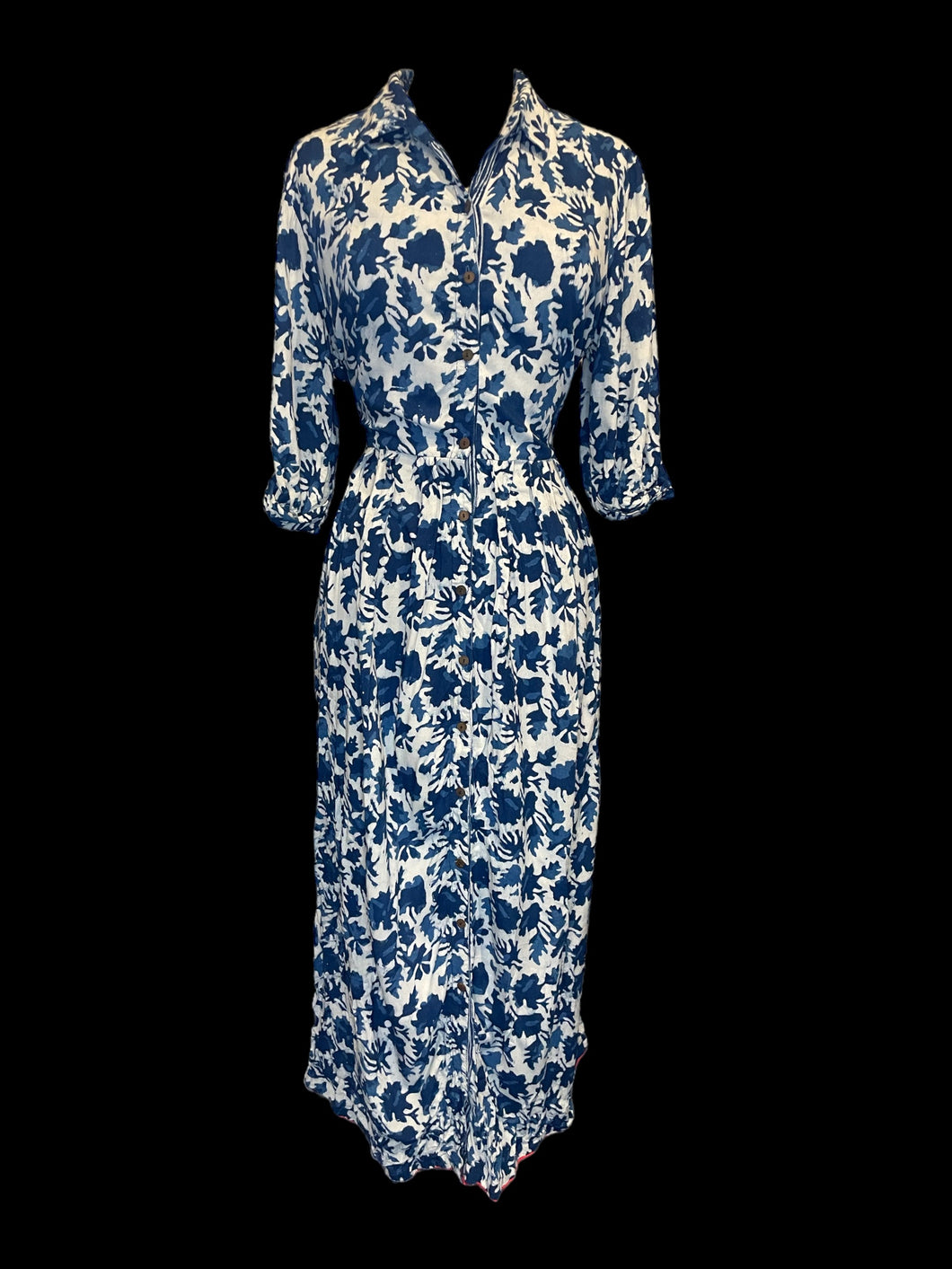 0X Dark blue & white watercolor botanical pattern half sleeve button down maxi dress w/ folded collar, & pockets