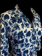 Load image into Gallery viewer, 0X Dark blue &amp; white watercolor botanical pattern half sleeve button down maxi dress w/ folded collar, &amp; pockets
