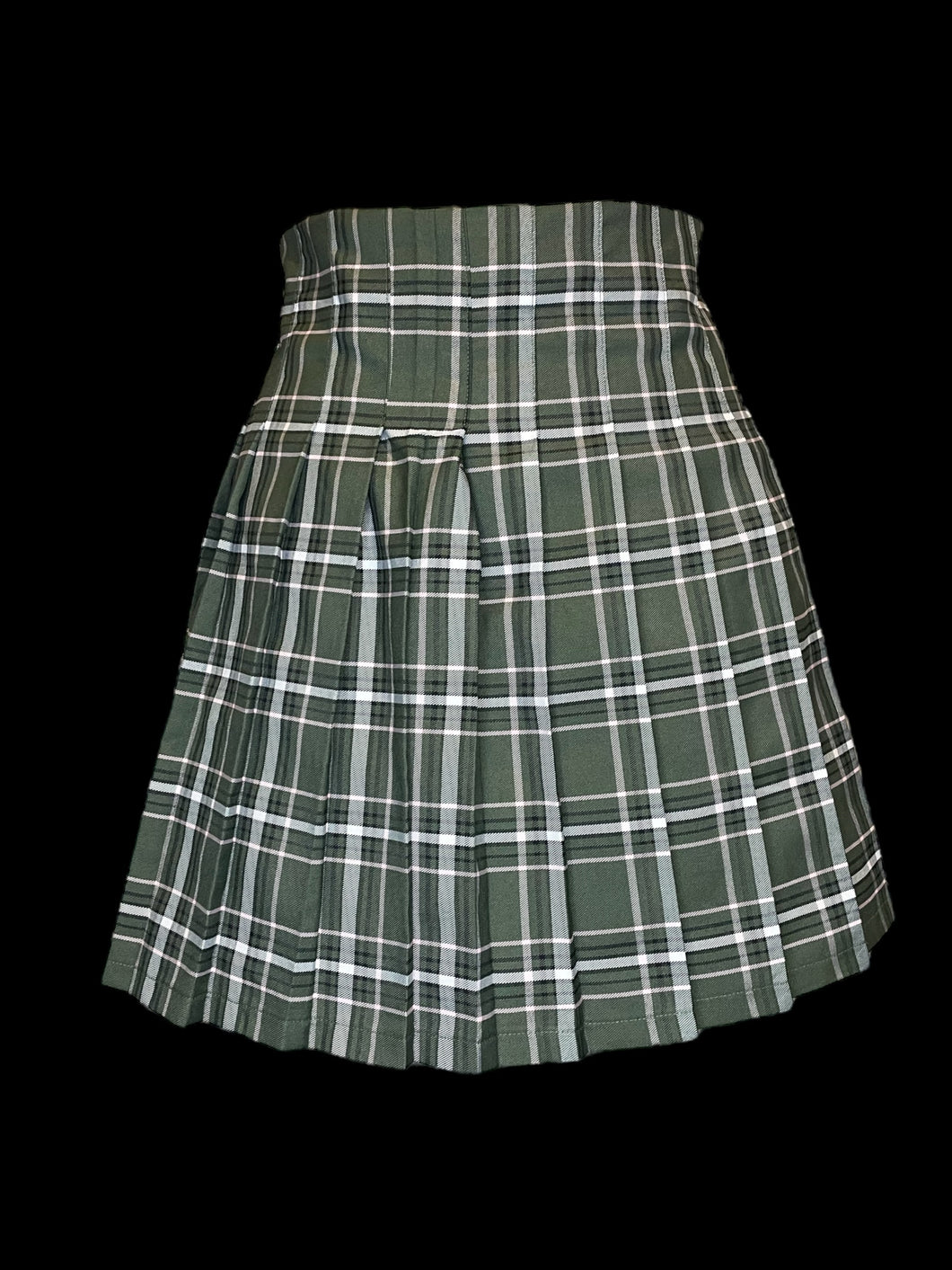 XL Olive green, white, pink, & black plaid pleated mini skirt w/ side zipper closure