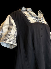 Load image into Gallery viewer, 2X Black &amp; white plaid short sleeve folded collar top w/ faux vest, faux button front, &amp; ruffle details
