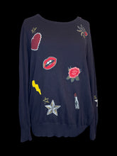 Load image into Gallery viewer, 2X Black long sleeve scoop neck sweater w/ various red, black, white, &amp; yellow patches
