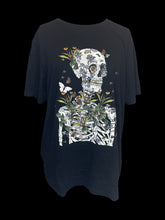 Load image into Gallery viewer, 2X Black cotton short sleeve crew neckline top w/ skeleton, botanical, &amp; butterfly graphic
