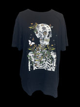 Load image into Gallery viewer, 2X Black cotton short sleeve crew neckline top w/ skeleton, botanical, &amp; butterfly graphic
