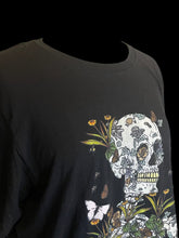 Load image into Gallery viewer, 2X Black cotton short sleeve crew neckline top w/ skeleton, botanical, &amp; butterfly graphic
