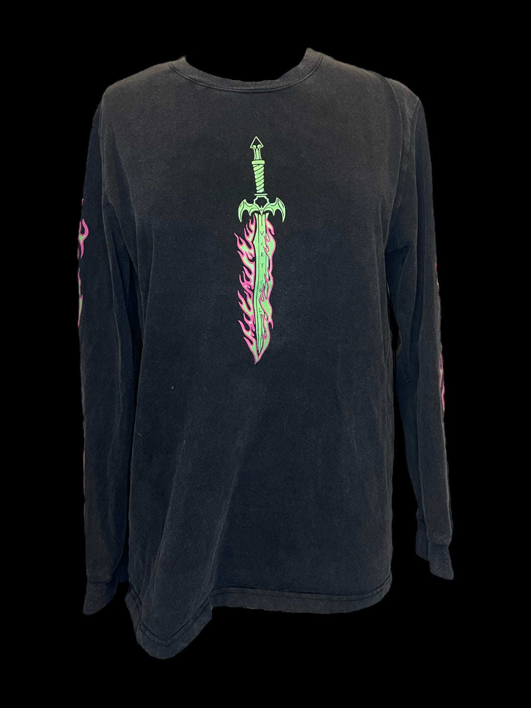 0X Black long sleeve crew neck cotton top w/ neon flaming sword & horned skull graphics