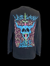 Load image into Gallery viewer, 0X Black long sleeve crew neck cotton top w/ neon flaming sword &amp; horned skull graphics
