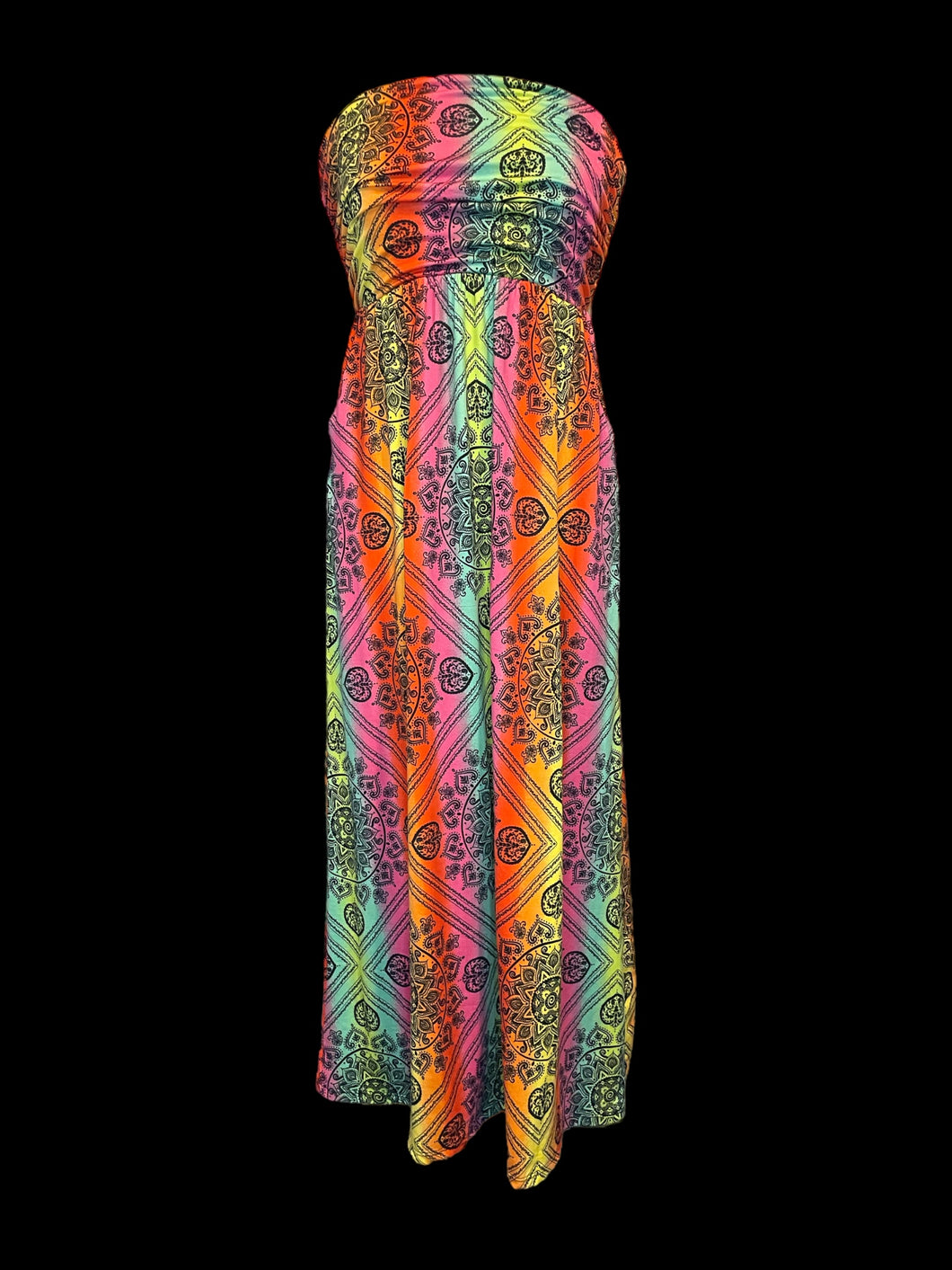 M Rainbow & black mandala pattern strapless maxi dress w/ elastic bust & waist, & pockets