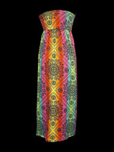 Load image into Gallery viewer, M Rainbow &amp; black mandala pattern strapless maxi dress w/ elastic bust &amp; waist, &amp; pockets
