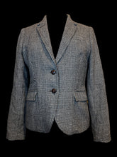 Load image into Gallery viewer, L Black &amp; grey houndstooth single breasted button-up blazer w/ shoulder pads, pockets, &amp; olive green lining
