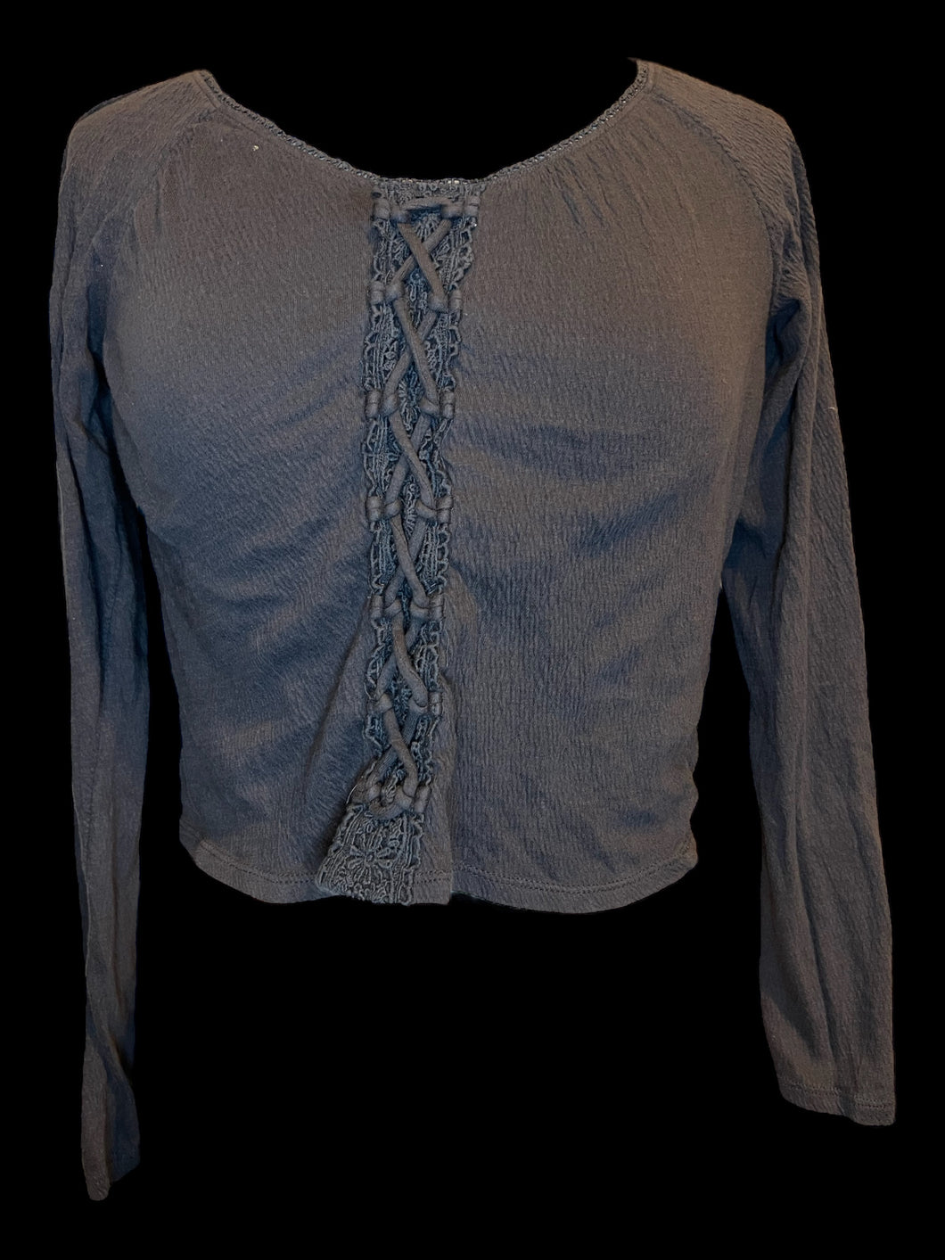 L Dark grey long sleeve crop top w/ floral lace, & lace-up detail
