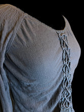Load image into Gallery viewer, L Dark grey long sleeve crop top w/ floral lace, &amp; lace-up detail
