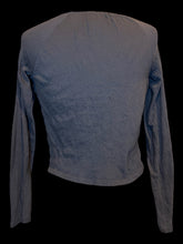 Load image into Gallery viewer, L Dark grey long sleeve crop top w/ floral lace, &amp; lace-up detail
