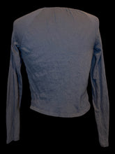 Load image into Gallery viewer, L Dark grey long sleeve crop top w/ floral lace, &amp; lace-up detail
