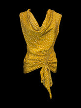 Load image into Gallery viewer, L Gold yellow &amp; white polka dot silk sleeveless cowl neck top w/ drawstring ruching detail, &amp; side zipper closure
