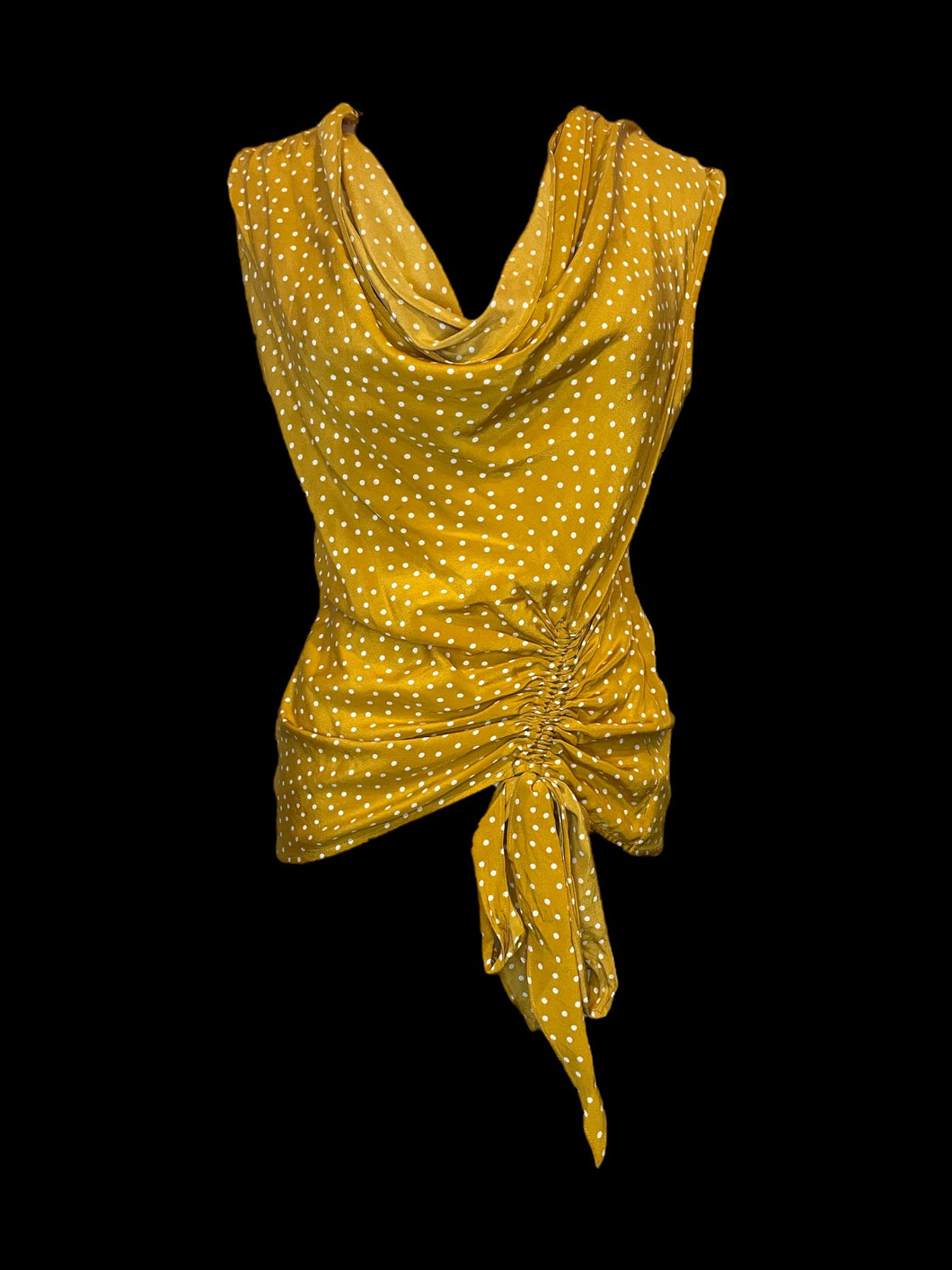 L Gold yellow & white polka dot silk sleeveless cowl neck top w/ drawstring ruching detail, & side zipper closure