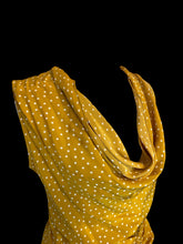 Load image into Gallery viewer, L Gold yellow &amp; white polka dot silk sleeveless cowl neck top w/ drawstring ruching detail, &amp; side zipper closure
