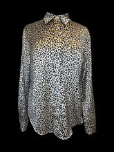Load image into Gallery viewer, 1X Beige &amp; black animal print satin long sleeve snap button down top w/ snap button cuffs, &amp; chest pocket
