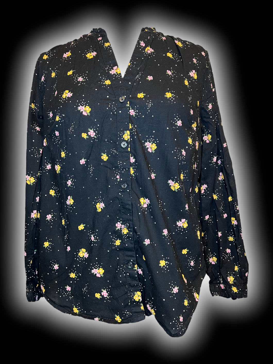 L Black, pink, & yellow floral long sleeve button-up v-neck top w/ ruffle detail neckline