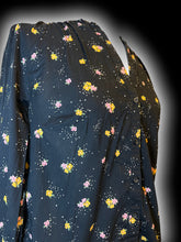 Load image into Gallery viewer, L Black, pink, &amp; yellow floral long sleeve button-up v-neck top w/ ruffle detail neckline

