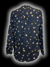Load image into Gallery viewer, L Black, pink, &amp; yellow floral long sleeve button-up v-neck top w/ ruffle detail neckline
