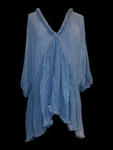 Load image into Gallery viewer, 3X Grey blue batwing sleeve deep v-neckline empire waist top w/ fringe hem
