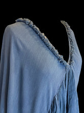 Load image into Gallery viewer, 3X Grey blue batwing sleeve deep v-neckline empire waist top w/ fringe hem
